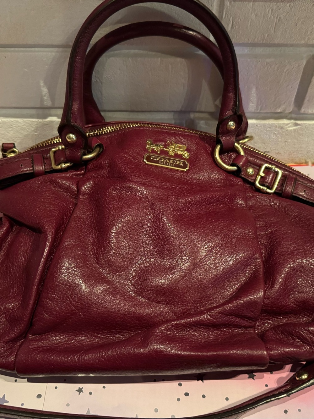 Coach Madison Burgundy Leather Satchel  Bag with Gold Hardware